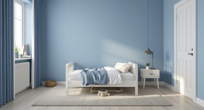 Minimalist blue child bedroom interior mockup created with 3D rendering techniques