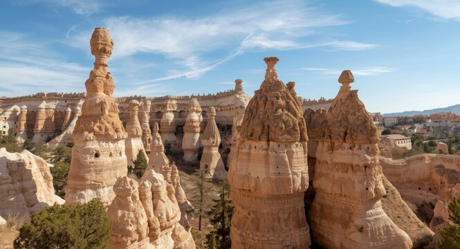 Rock pillars made of tufa resembling fairy chimneys in a historic site