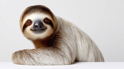 Fototapeta premium Sloth with a friendly expression resting its head on its forelimbs against a plain white background, showcasing its distinctive fur and facial features