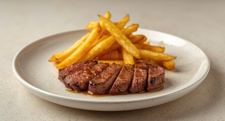 Juicy tender beefsteak served with golden crispy fries on a clean white plate