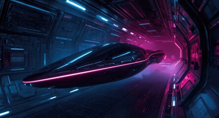 Fototapeta premium Futuristic spaceship glowing neon lights in dark sci fi tunnel corridor