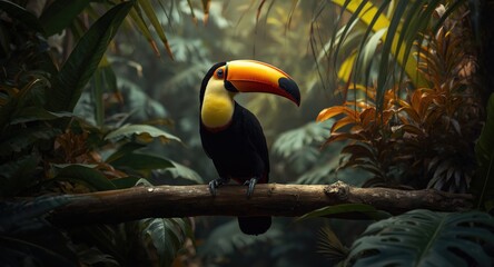 Fototapeta premium Exotic toucan with vibrant beak on a tropical forest branch surrounded by plants