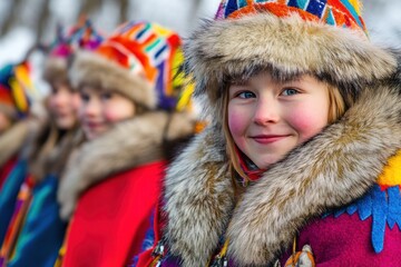 Traditional Scandinavian clothing Sami people wearing colorful costumes and fur