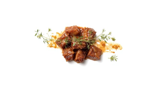 Rich oxtail morsels paired with fresh herbs on a clean white backdrop great for food promotional materials