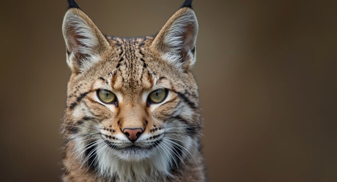 Wild bobcat face close up with alert ears and piercing eyes