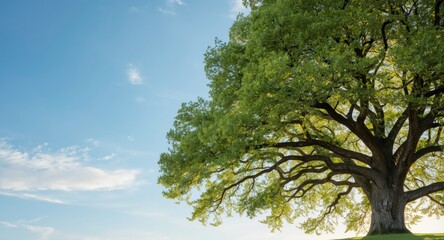 Obraz premium Outdoor close up of a strong oak tree thriving with lush green foliage on a clear spring day