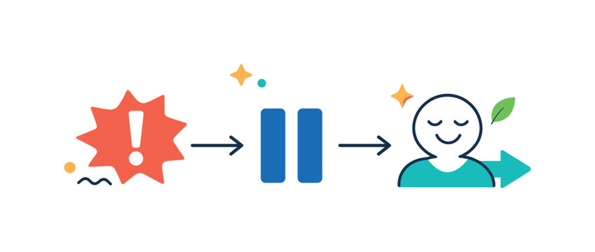 Second-order calm and emotional regulation before reacting in tense situations, a pause symbol placed between a stimulus icon and a response arrow