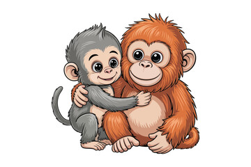 Obraz premium Two adorable orangutan monkeys embrace in a heartwarming illustration showcasing a strong bond and playful companionship high-quality professional detailed modern.