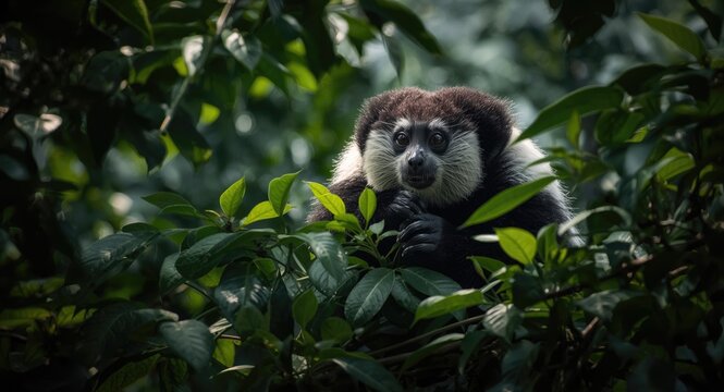 Indri indri with contrasting fur colors feeding on forest leaves in arboreal habitat
