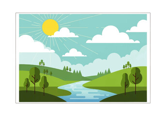 Fototapeta premium Animated background video of a serene landscape with a winding river, green hills, trees, and a sunny sky with fluffy clouds.