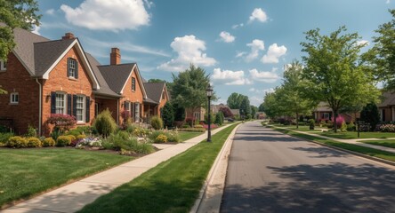 Residential neighborhood with brick houses and flourishing gardens beside an empty sunny road