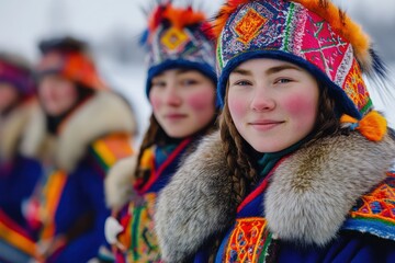 Sami family in traditional fur and colorful costumes celebrating indigenous culture outdoors