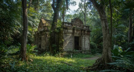 Aged building relics set within a jungle of dense trees and lush grassy areas
