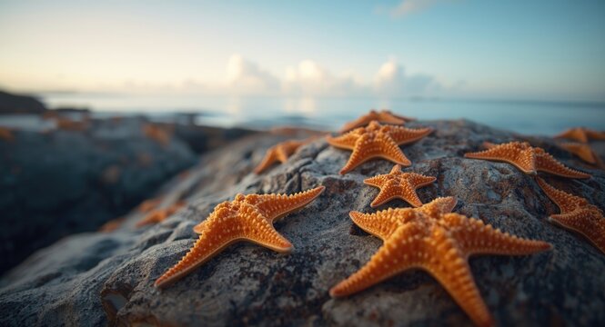 Natural display of ochre sea stars Pisaster ochraceus on intertidal rocks highlighting marine zone health with copy space