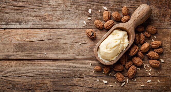Natural shea butter scoop alongside nuts on vintage wood background with copy space