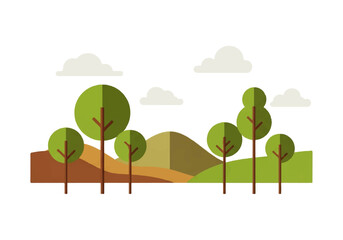 Fototapeta premium Illustration of a serene landscape with trees on a hill against a white background with clouds, featuring a stylized background video scene.
