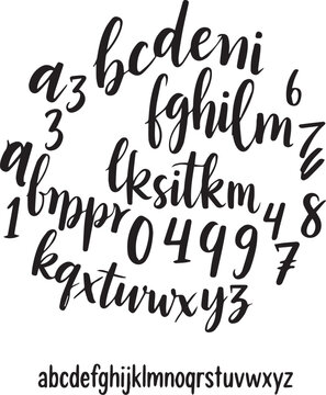 Typography alphabet set with cursive script and numbers on white background