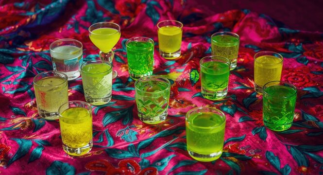 Fun and unconventional lime jelly shot drinks designed for adult parties on festive tablecloths