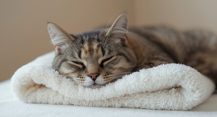 Peaceful moment of a tabby cat resting its head on a soft towel during therapy