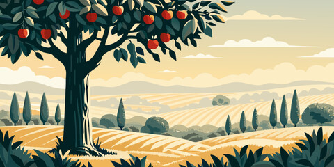 A stylized illustration of an apple tree overlooking a rolling landscape © Shuvra Majumder