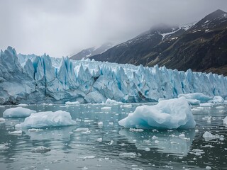 A breathtaking view of a glacier against a mountain background, with icebergs floating in the water. The glacier exhibits stunning shades of blue