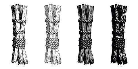 Four bundles of wheat stalks tied with rope black and white illustration © Shuvra Majumder