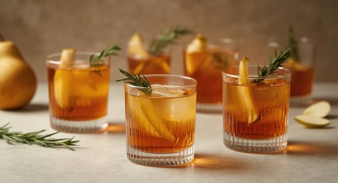 Glasses filled with bourbon and pear cider cocktails crafted for editorial backdrop scenes