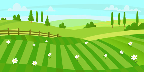A vibrant cartoon landscape featuring rolling green hills and a clear sky © Shuvra Majumder