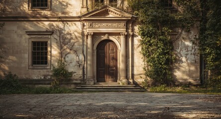 Fototapeta premium Abandoned manor house with elegant doorway and sunlit shabby walls featuring copyspace
