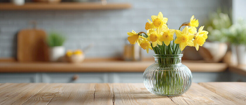 Yellow daffodils in a glass vase on a wooden table in a bright kitchen interior. Fresh spring flowers, cozy home decor, natural light, seasonal floral arrangement with space for text and montage
