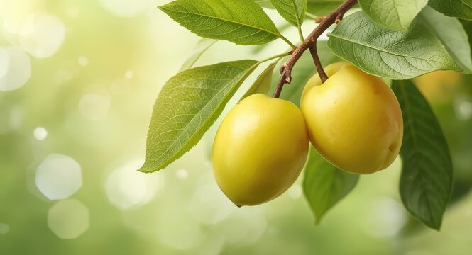 Ripe greengage plums on a leaf-filled branch with bright soft focus background ideal for copy space and fresh produce