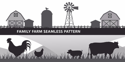 A black and white farm scene with barns windmill and animals © Shuvra Majumder