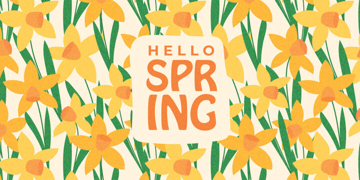 Hello spring banner with bright yellow daffodils. Holiday concept. For decoration spring events, invitations, Mother's Day, Easter, womens day