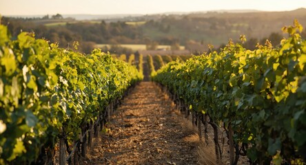 Obraz premium Grape vines heavy with ripening fruit in a traditional vineyard landscape