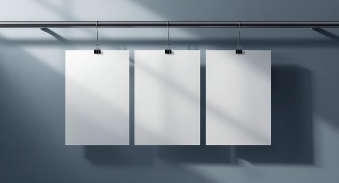 Mockup illustration of three white hanging A4 sheets for images