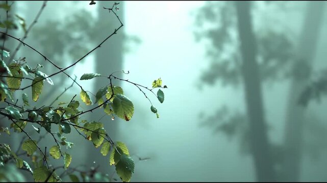 A serene forest landscape with lush foliage and misty trees viewed from a close-up perspective.