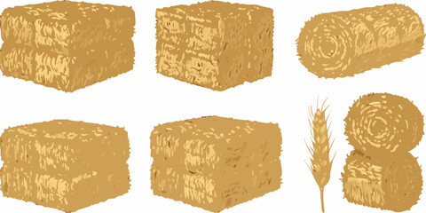 Collection of golden hay bales and wheat stalks on a white background © Shuvra Majumder
