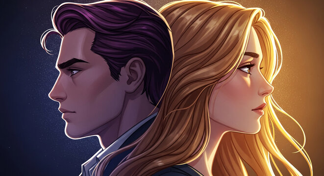 Illustration of a man and woman back to back, profiles facing opposite directions. Represents relationship, duality, contrast, or opposing forces