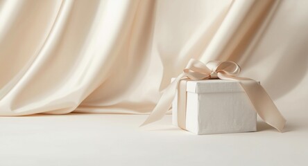 Naklejka premium Soft beige holiday backdrop with a white gift box and ribbon for promotions