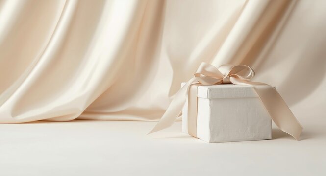 Soft beige holiday backdrop with a white gift box and ribbon for promotions