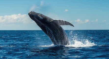 Naklejka premium A spirited whale jumping from the sparkling blue ocean surface