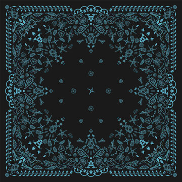 Black bandana Print. Blue floral lace paisley bandana. Pattern art rose floral flower thorns leaves square pattern design