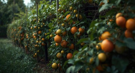 Outdoor garden full of blooming vining plants loaded with big edible fruits