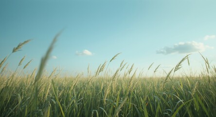 Obraz premium Soft sway of tall fresh green grass beneath an expansive calm blue sky with space for text