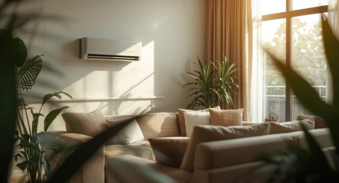 modern living room with wall mounted air conditioner and cozy sofa seating