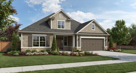 Naklejka premium Residential market house exterior featuring landscaped garden