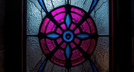 Stained glass panel featuring bright magenta and blue symmetrical circle and triangle motifs