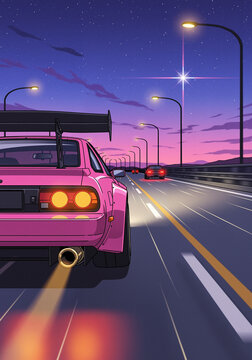 Pink sports car speeding on a highway at night anime illustration