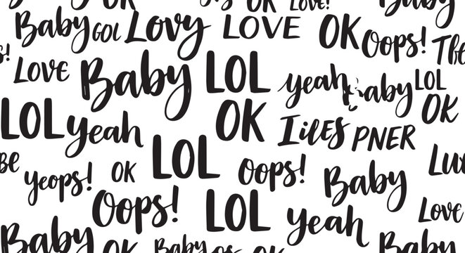 Playful internet slang words pattern on white background with black text