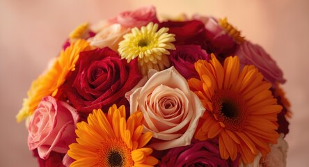 Fototapeta premium Joyful vibrant bouquet with mixed rose varieties and bright gerbera daisies